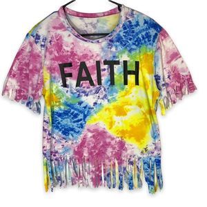 Women's 1X Plus Tie-Dye Faith Shirt Stretch Soft Jersey Knit Fringe Hem Pastel
